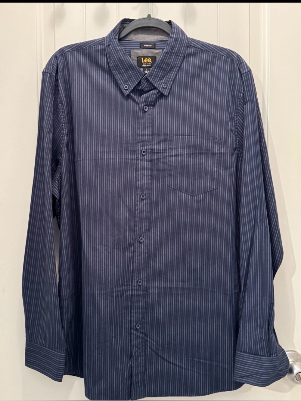 Lee Men’s Navy Pinstripe Button-Down Dress Shirt